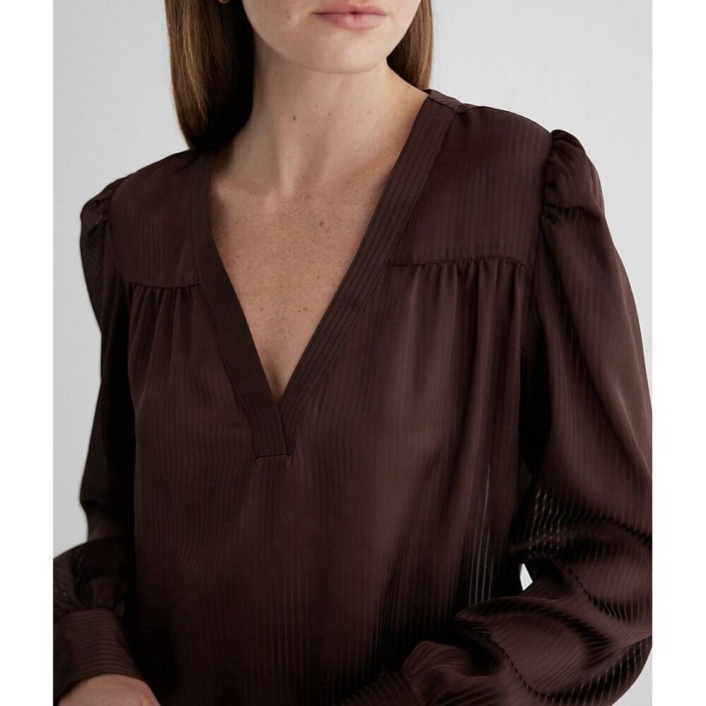 Express Women's Satin Top Size XS Brown Striped V-Neck Cuff Sleeve NWT $58 - Picture 2 of 15
